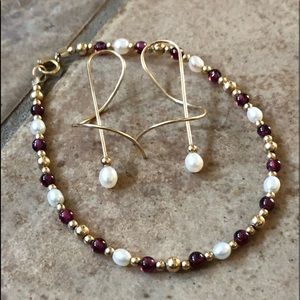 REAL 14k, pearl, garnet bracelet/earrings set